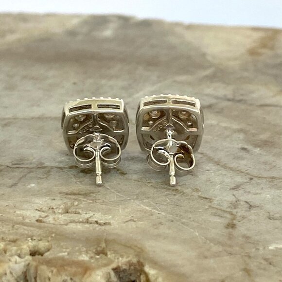 Sterling Silver 925 0.35" Square Diamond Floral Textured Cluster Stud Earrings - Picture 7 of 16